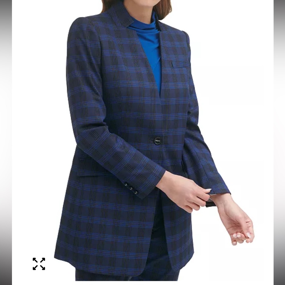 DKNY Navy and Black Plaid Single-Button Long Blazer